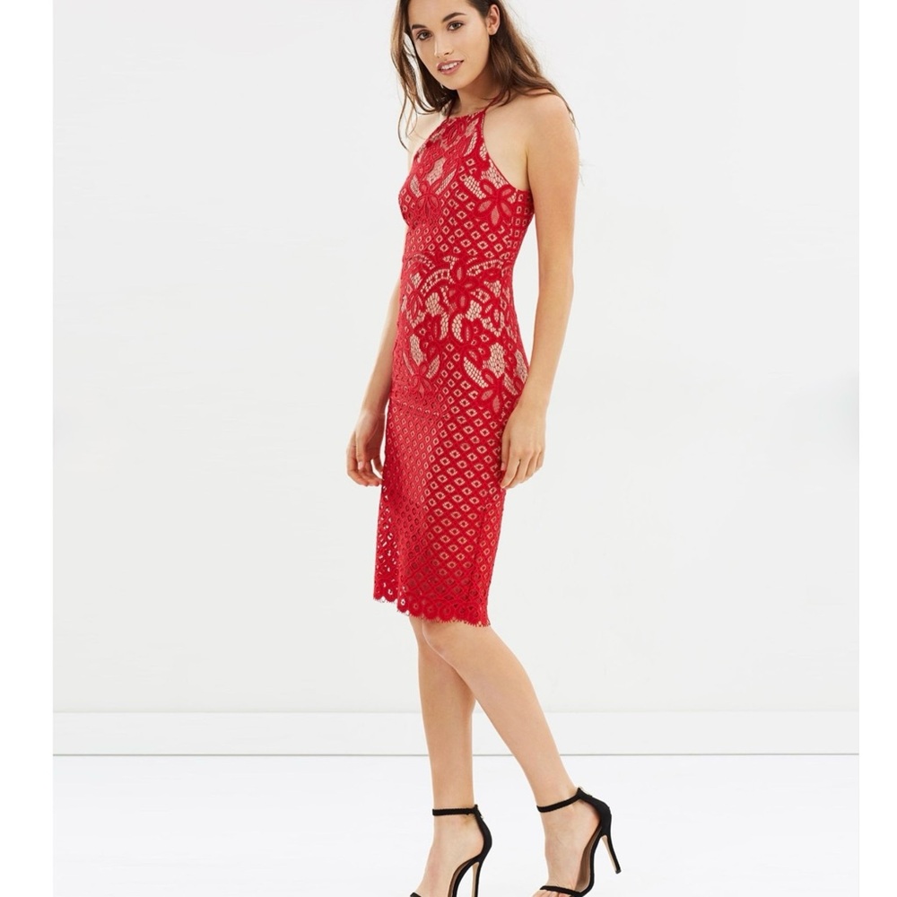 BARDOT Mila Red Lace Halter Cocktail Dress Autumn Wedding Guest